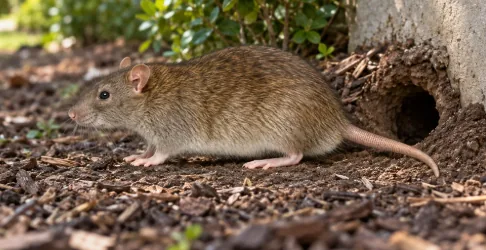 Norway rat beside a ground burrow